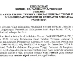 Panitia Umumkan Hasil Seleksi Jabatan Pimpinan Tinggi Pratama Aceh Jaya 2024