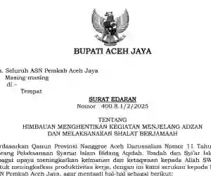 Pemerintah Aceh Jaya Terbitkan Surat Edaran Himbauan Shalat Berjamaah bagi ASN